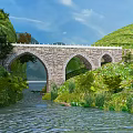 Stone Arch Bridge Surrounded by Green Mountains and River with Trees and Vegetation