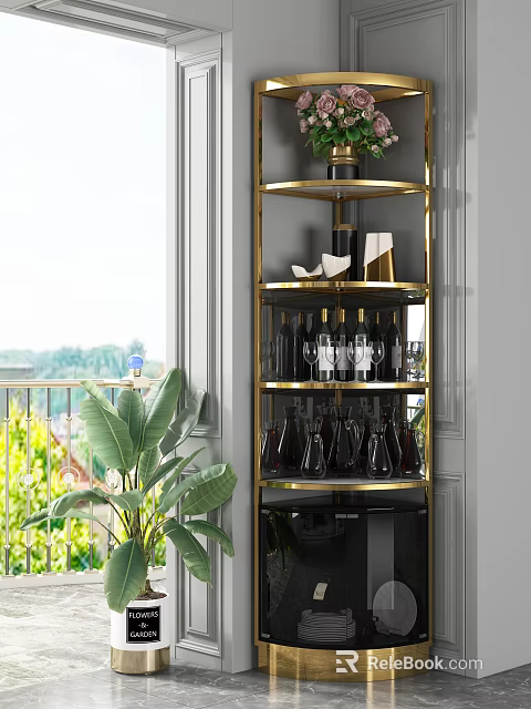 Elegant Modern Wine Cabinet With Golden Frame Multiple Shelves Bottles Glasses And Plants By Window 3d model 