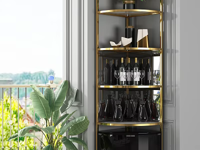 Elegant Modern Wine Cabinet With Golden Frame Multiple Shelves Bottles Glasses And Plants By Window 3d model