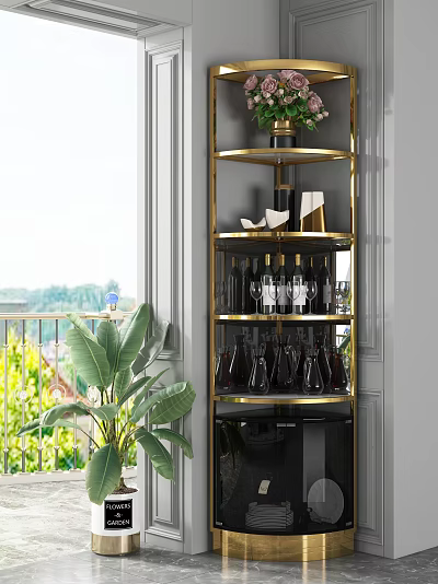 Elegant Modern Wine Cabinet With Golden Frame Multiple Shelves Bottles Glasses And Plants By Window 3d model