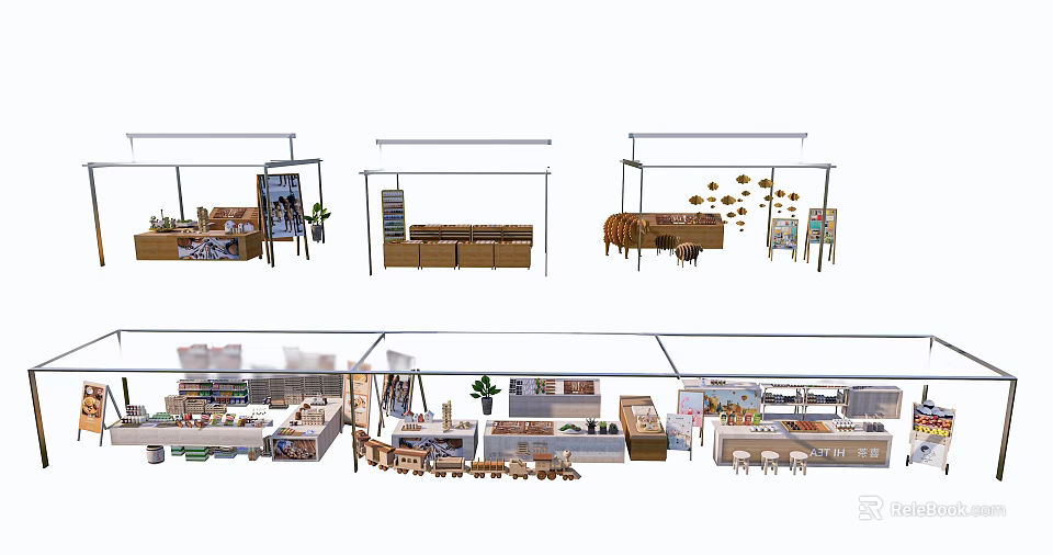 Diverse Exhibition Booth Designs With Multiple Shelves Displays And Decor Elements 3d model 