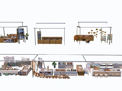 Diverse Exhibition Booth Designs With Multiple Shelves Displays And Decor Elements 3d model