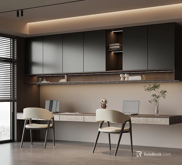 Modern Home Office Desk with Two Beige Chairs Laptop Computers Black Cabinets and Decorative Items 3d model 