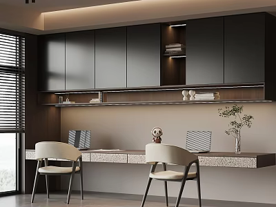 Modern Home Office Desk with Two Beige Chairs Laptop Computers Black Cabinets and Decorative Items 3d model