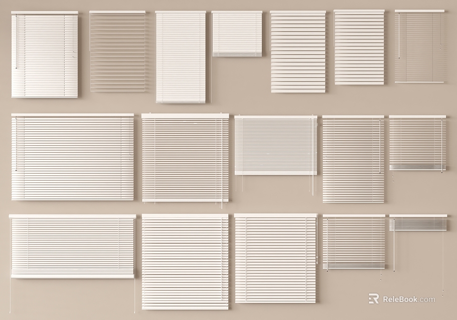 Different Styles of Window Blinds in White and Neutral Tones for Home Decor 3d model 