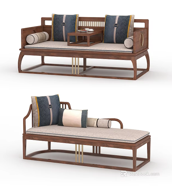 Chinese Style Sofa Set With Wooden Frame Blue Beige Cushions And Side Table 3d model 