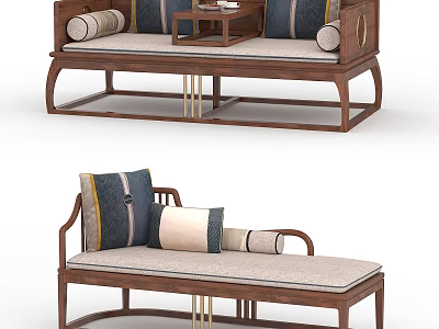 Chinese Style Sofa Set With Wooden Frame Blue Beige Cushions And Side Table 3d model