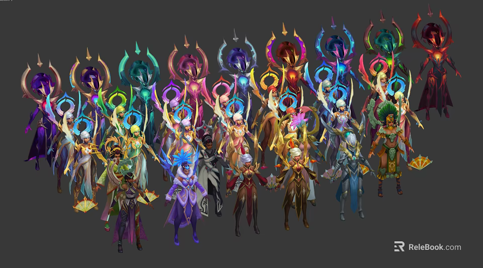 Game and Movie Characters in Colorful Costumes with Ornate Armor and Glowing Accessories 3d model 