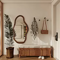 Cozy Entryway Interior With Oval Mirror Wooden Cabinet Coat Hooks And Palm Plant