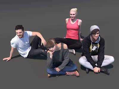 Group of four people casually sitting on gray floor smiling and relaxing 3d model