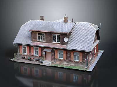 Cartoon Scenery of Model House With Gray Roof Brown Walls Red Shutters Chimneys and Reflection 3d model