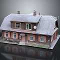Cartoon Scenery of Model House With Gray Roof Brown Walls Red Shutters Chimneys and Reflection