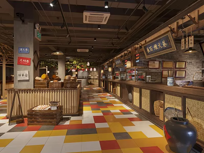 Traditional Restaurant Interior Featuring Colorful Tile Floor And Wooden Counter Decorations 3d model