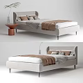 Light Gray Upholstered Double Bed With White Sheet Brown Blanket And Red Round Side Table 3d model