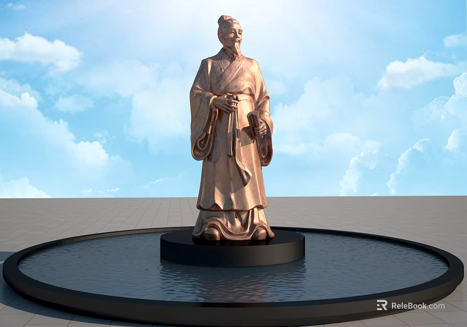 Bronze Ancient Robed Figure Landscape Sculpture in Circular Water Pool with Blue Sky 3d model 