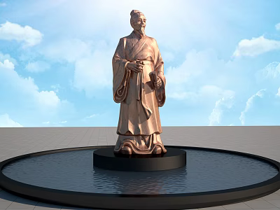 Bronze Ancient Robed Figure Landscape Sculpture in Circular Water Pool with Blue Sky 3d model