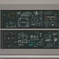Green Chalkboard Wall with Hand Drawn Illustrations Cartoon Characters and Text in Two Sections