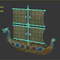 Detailed Wooden Viking Ship With Tan Sails Dragon Head Prow And Colorful Hull Decorations