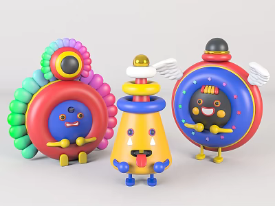 Colorful Cartoon Toy Characters With Smiling Faces Wings And Decorative Rings 3d model