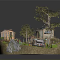 Cartoon Scene With Tiny House Solar Panels Greenhouse Trees Rocks And Water Area