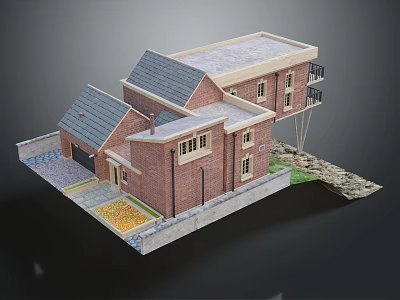 Detached Villa With Red Brick Structure Dark Tiled Roof Windows Balcony And Garden Area 3d model