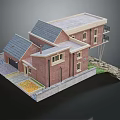Detached Villa With Red Brick Structure Dark Tiled Roof Windows Balcony And Garden Area