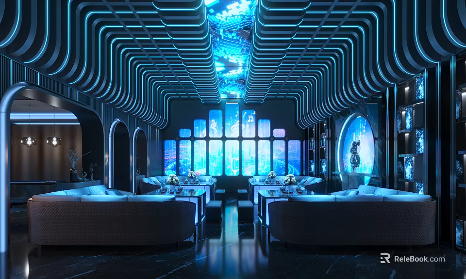 Modern KTV Interior Design With Blue Lighting Curved Ceiling And Comfortable Seats 3d model 
