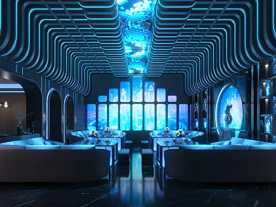 Modern KTV Interior Design With Blue Lighting Curved Ceiling And Comfortable Seats 3d model