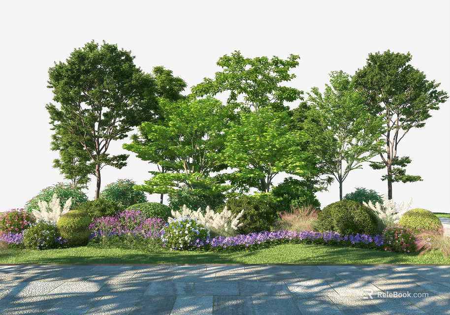 Tall Arbor Trees With Lush Green Foliage Surrounded By Colorful Flowers And Grass 3d model 