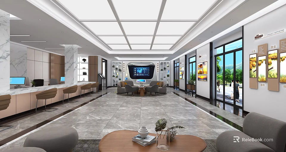 Modern Service Hall Interior Design With Spacious Layout Marble Floor And Sofa Seating 3d model