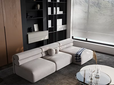 Modern Living Room Interior Design With Beige Sectional Sofa Black Bookshelves And Round Coffee Table 3d model
