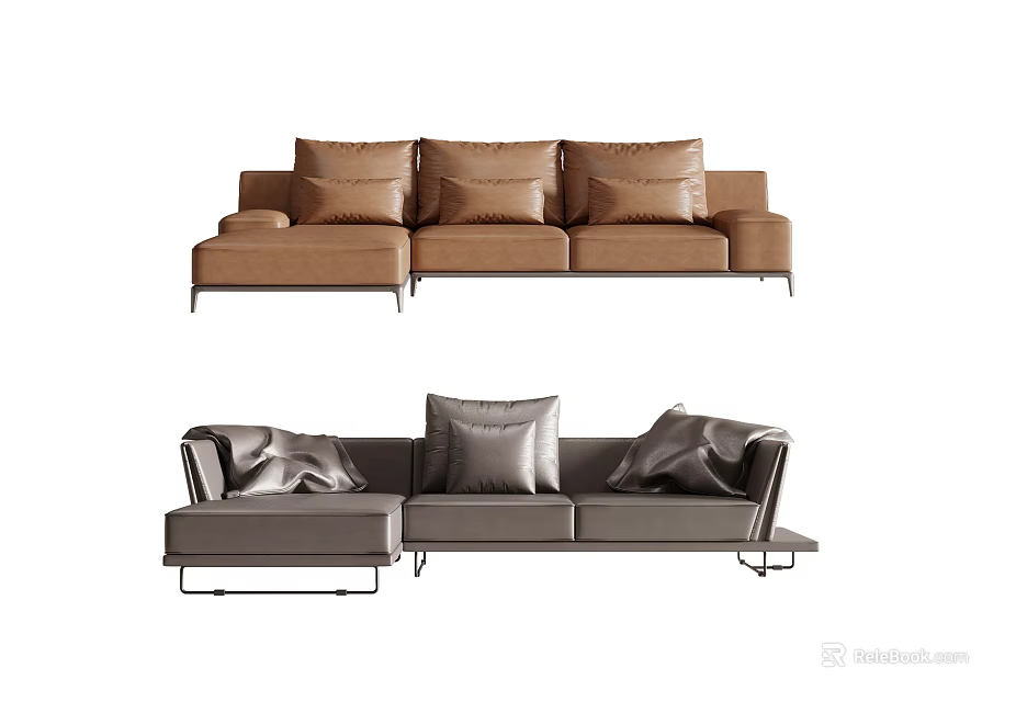 Modern Brown and Gray Sectional Sofa with Multiple Comfortable Cushions for Living Room 3d model 