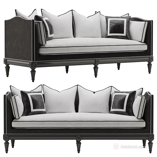 Elegant Sectional Sofa With Black Frame White Cushions And Decorative Studs 3d model 