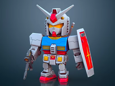 Smart Robot Model With Blue White Armor Red Shield And Weapon 3d model