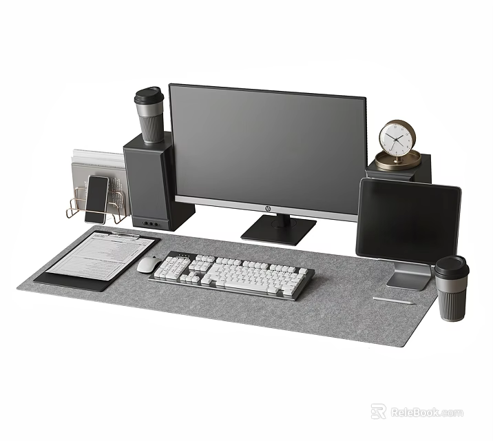 Organized Computer Desktop Setup With Monitor Keyboard Mouse Pad Clock And Accessories 3d model 