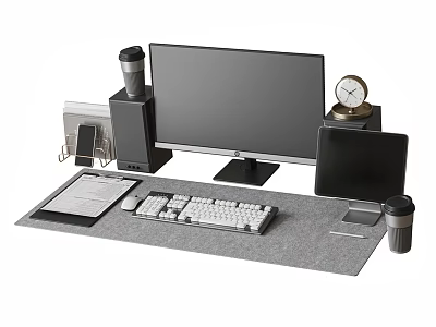 Organized Computer Desktop Setup With Monitor Keyboard Mouse Pad Clock And Accessories 3d model