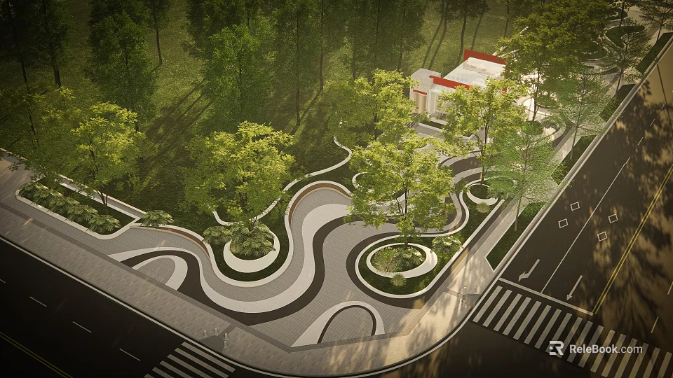 Lush Urban Park Landscape With Curved Paths Circular Gardens Trees And Small Building Around 3d model 