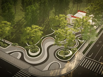 Lush Urban Park Landscape With Curved Paths Circular Gardens Trees And Small Building Around 3d model