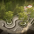 Lush Urban Park Landscape With Curved Paths Circular Gardens Trees And Small Building Around