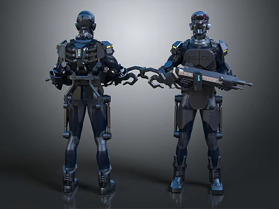 Smart Machines In Futuristic Armored Suits Holding Weapons Standing Together 3d model