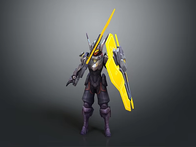 Futuristic Armored Warrior Character With Purple Armor Yellow Sword And Shield 3d model