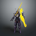 Futuristic Armored Warrior Character With Purple Armor Yellow Sword And Shield
