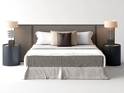Modern Double Bed With Dark Headboard White Brown Pillows Black Nightstands And Light Lamps 3d model