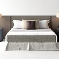 Modern Double Bed With Dark Headboard White Brown Pillows Black Nightstands And Light Lamps