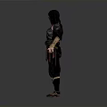 Woman In Black Hooded Warrior Outfit With Arm Straps And Waist Belt Details