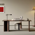 Modern Minimalist Desk Chair Set With Laptop Lamp Stationery Red Artwork And Floor Lamp