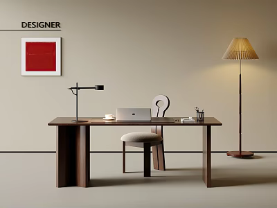Modern Minimalist Desk Chair Set With Laptop Lamp Stationery Red Artwork And Floor Lamp 3d model