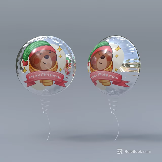 Silver Christmas Decorative Balloons With Bear In Green Hat Red Banner And Star Decorations 3d model 
