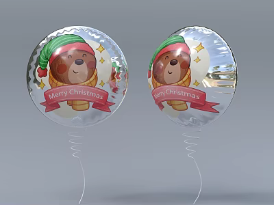 Silver Christmas Decorative Balloons With Bear In Green Hat Red Banner And Star Decorations 3d model