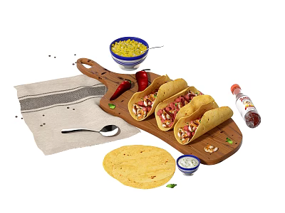 Fresh Tortilla Wraps with Rice Sour Cream and Chili Peppers on Wooden Board 3d model